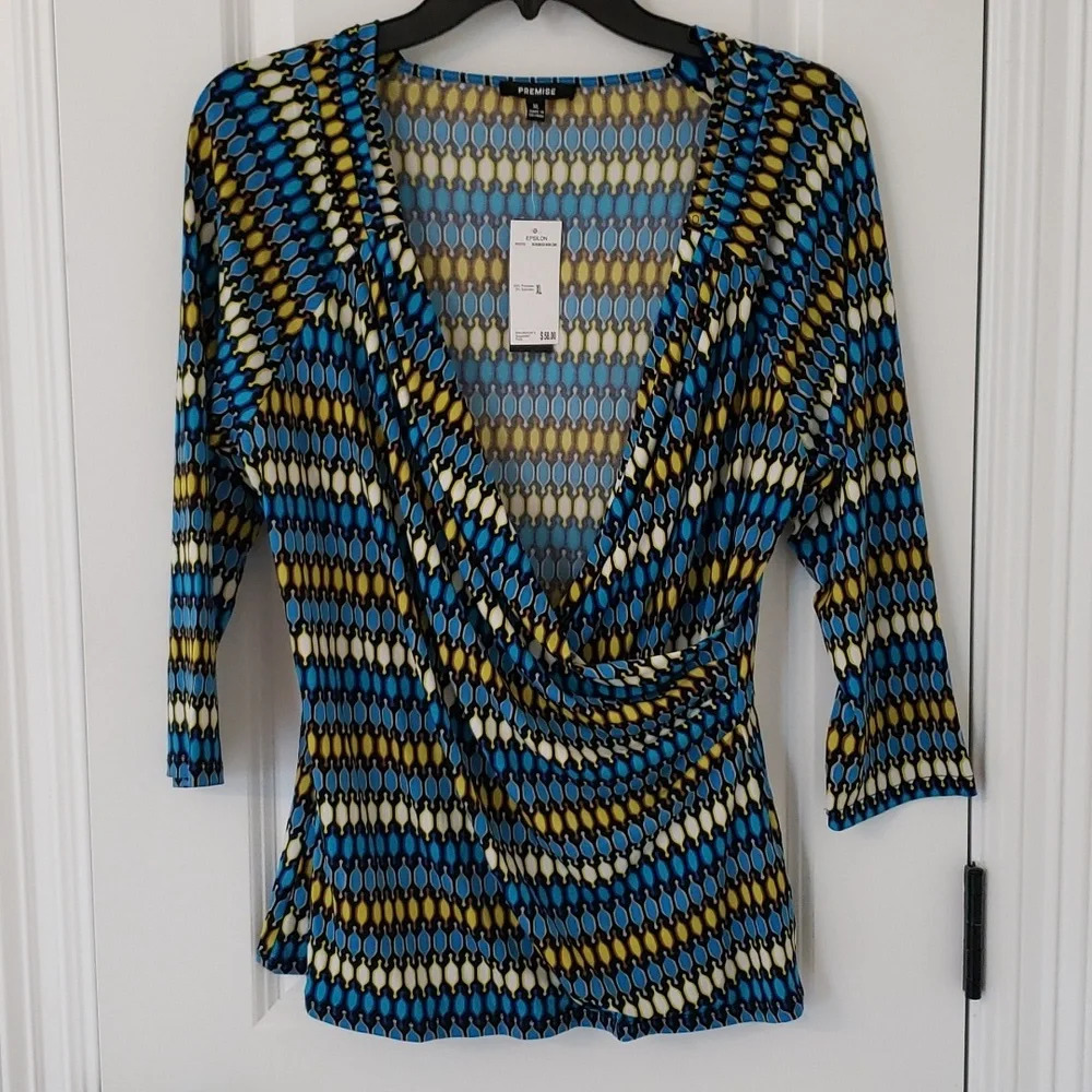 Premise Crossover 3/4 Sleeve Blouse Women XL Blue Green Black Retro Pattern